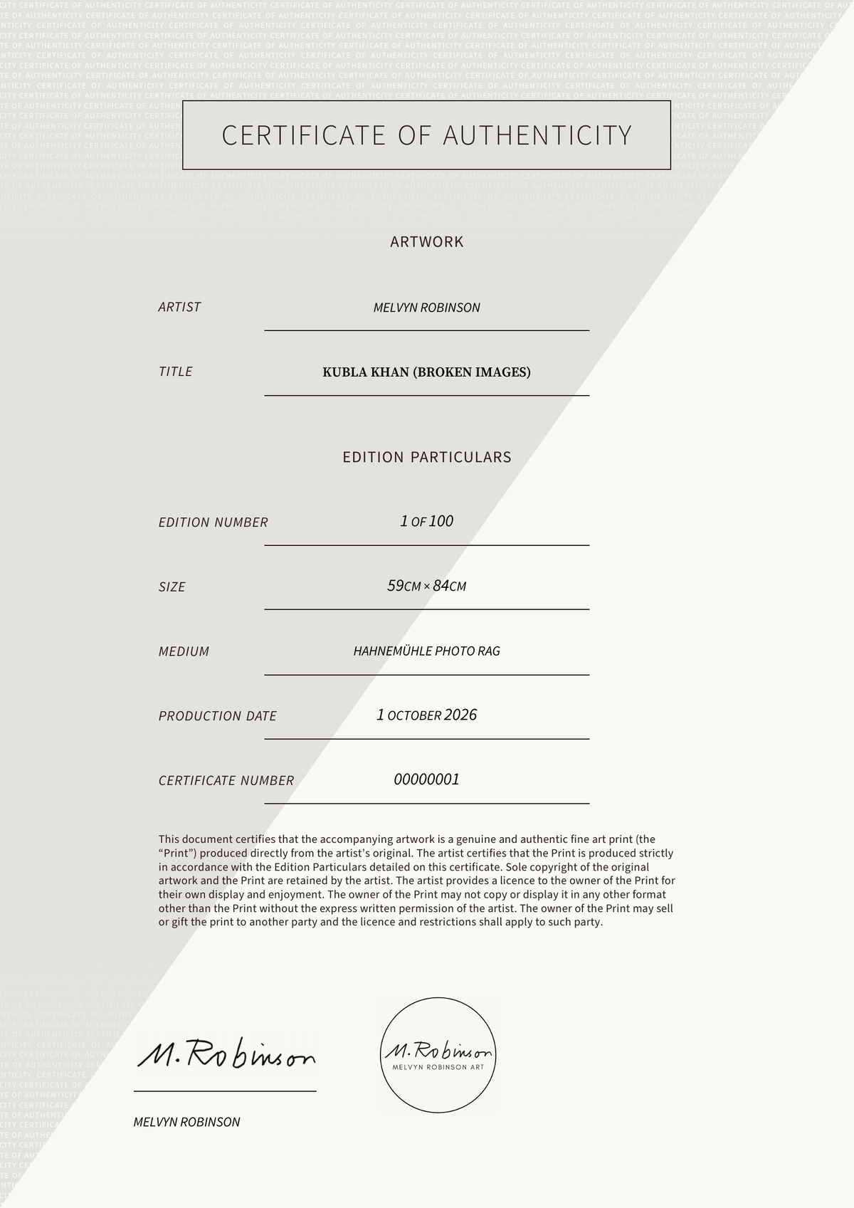Kubla Khan (Broken Images) — Certificate of Authenticity