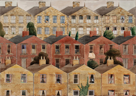 “Humble, and High-Class Habitations” by Melvyn Robinson – watercolour of urban homes in geometric tessellations.