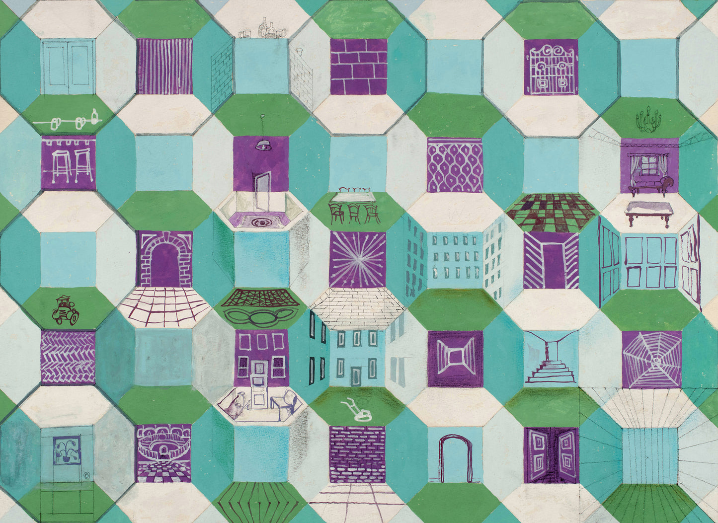 "Homes & Interiors" by Melvyn Robinson – watercolour geometric tessellation of urban housing reflecting social diversity.