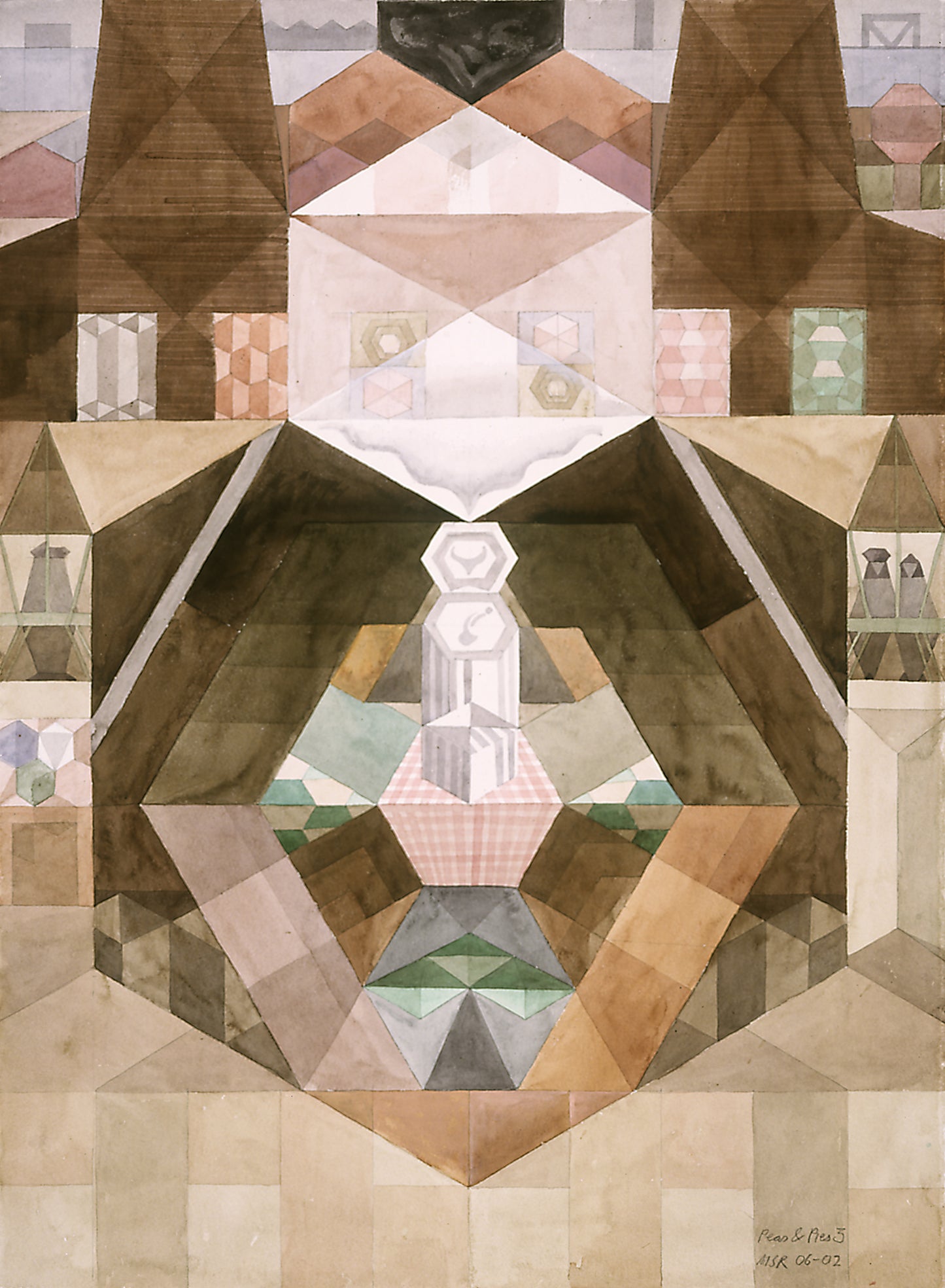 Melvyn Robinson, 'Peas & Pies III,' watercolour on paper, part of the 'Peas & Pies' set, depicting Pea & Pie Hall in Barnsley during the 1930s. The set blends representational scenes with abstract geometry, highlighting the artist's progression.