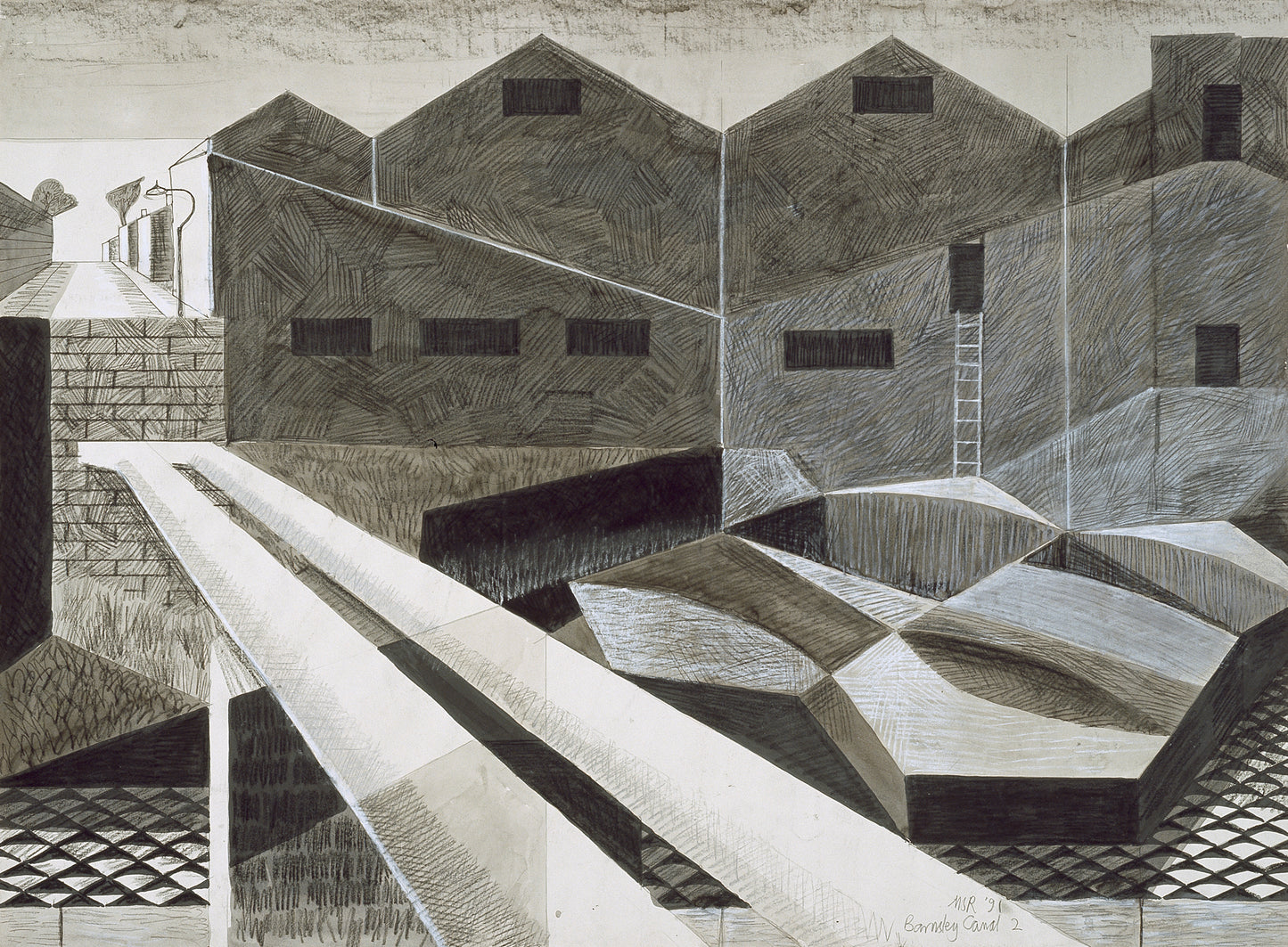Melvyn Robinson, 'Barnsley Canal II', watercolour, ink and crayon on paper, presents a contemporary reimagining of the original 'Barnsley Canal (1954)', transforming the scene through a minimalist lens of structural and geometric clarity.