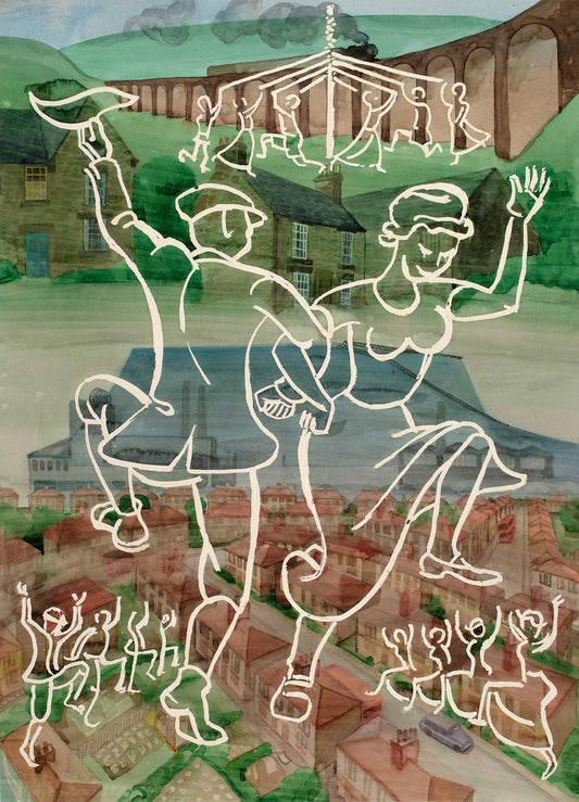 "Maypole Dancing" by Melvyn Robinson – watercolour from ‘Hill Drawings’ set blending ancient landmarks with Celtic, Viking, Anglo-Saxon influences.