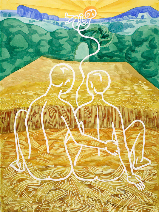 “Sunrise” by Melvyn Robinson – watercolour on paper from the ‘Hill Drawings’ set, inspired by Celtic, Viking, and Anglo-Saxon landmarks.