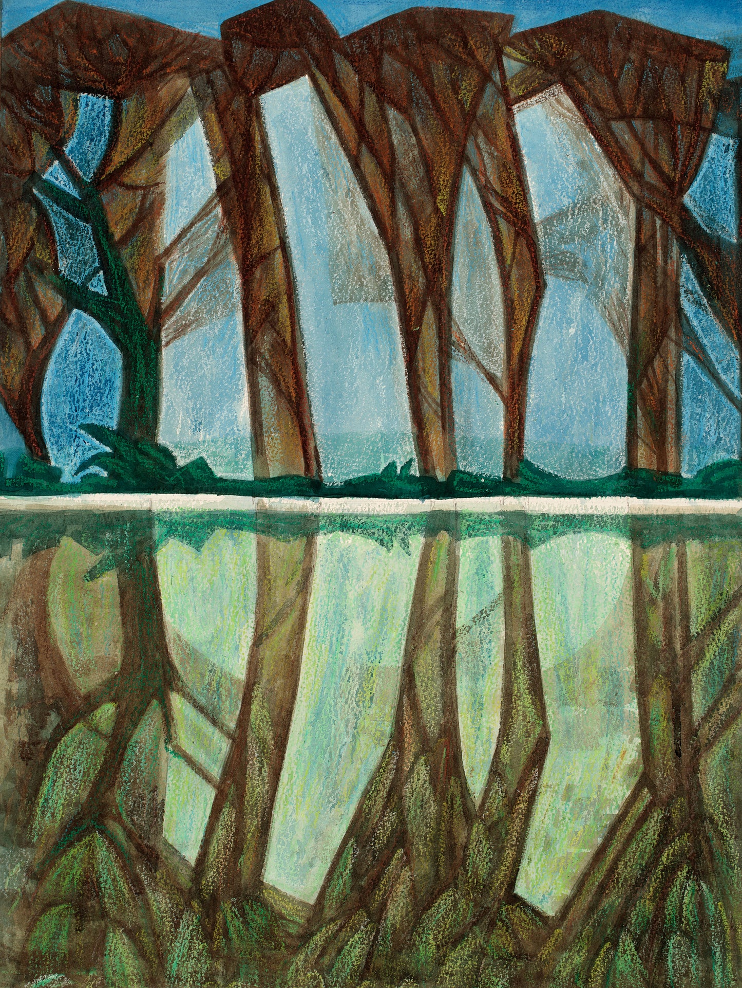 "Trees at Blacker Green" by Melvyn Robinson – crayon landscape of trees reflected in calm water at a quiet Yorkshire reservoir.