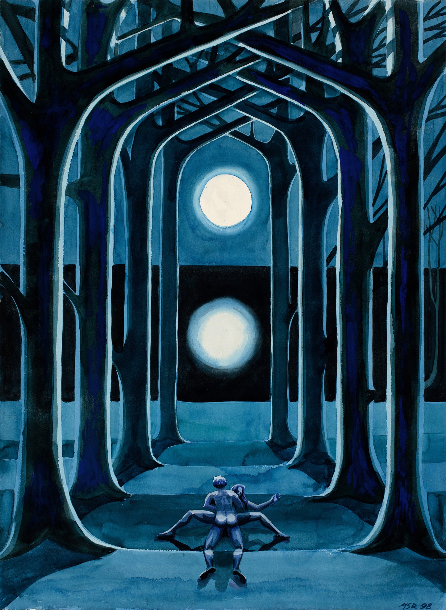 Melvyn Robinson, 'Under the Moonlight,' mixed media on paper, part of the 'Avenue' set, depicting an avenue of trees leading to a luminous moon, symbolizing the balance between nature and knowledge with an inspiring interplay of light and shadow.