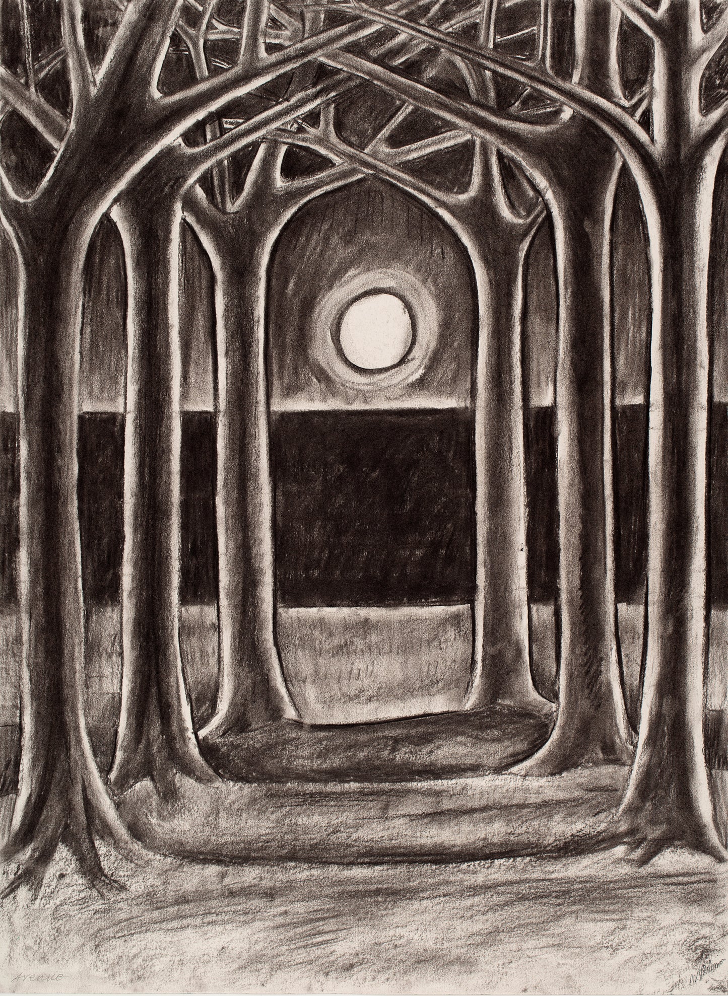 Melvyn Robinson, 'Avenue I,' crayon on paper, part of the 'Avenue' set, depicting an avenue of trees leading to a luminous moon, symbolizing the balance between nature and knowledge with an inspiring interplay of light and shadow.