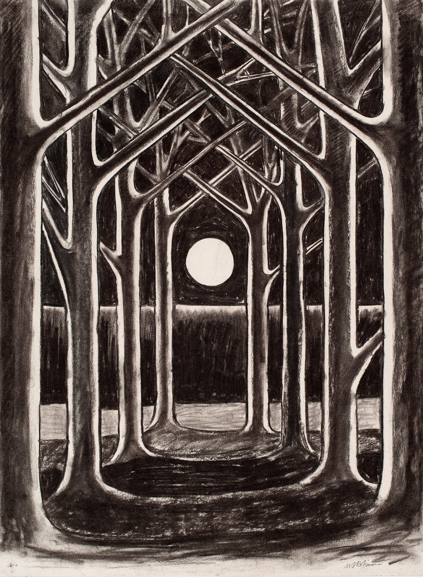 Melvyn Robinson, 'Avenue II,' crayon on paper, part of the 'Avenue' set, depicting an avenue of trees leading to a luminous moon, symbolizing the balance between nature and knowledge with an inspiring interplay of light and shadow.