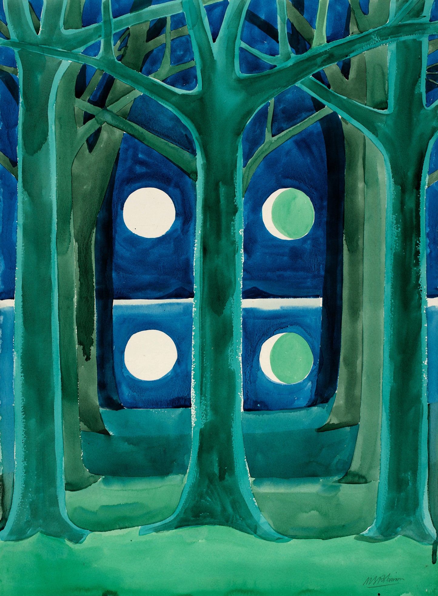 Melvyn Robinson, 'Avenue III,' watercolour on paper, part of the 'Avenue' set, depicting an avenue of trees leading to a luminous moon, symbolizing the balance between nature and knowledge with an inspiring interplay of light and shadow.
