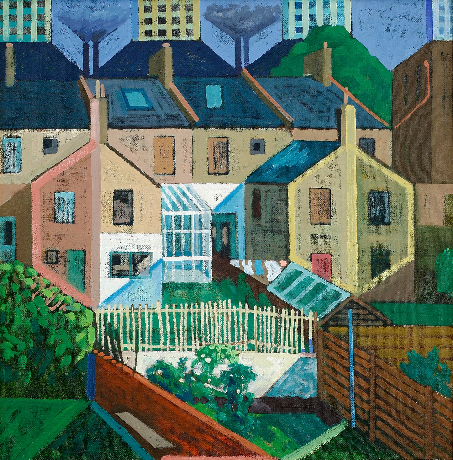 Melvyn Robinson, 'Dalston Gardens,' oil on canvas, featuring a serene depiction of nature that captures the peaceful beauty of Dalston Gardens, offering a tranquil escape from city life.