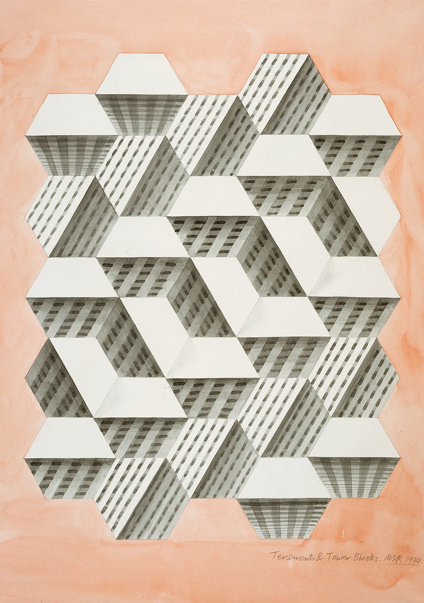 Melvyn Robinson, 'Tenements and Tower Blocks,' watercolour on paper, featuring intricate hexagonal tessellations that create dynamic three-dimensional perspectives of tenements and tower blocks, perfect for architecture enthusiasts and art lovers.