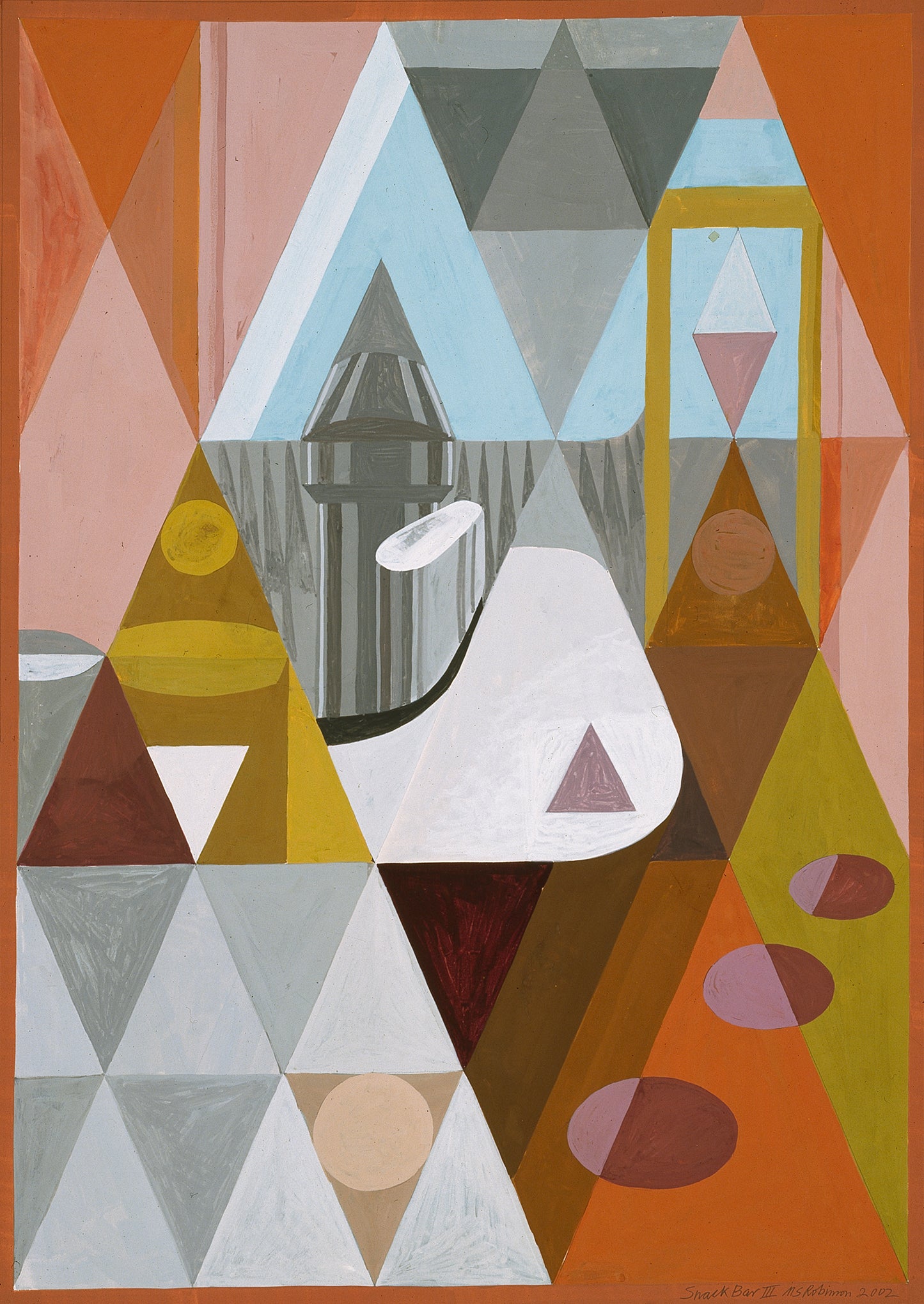 Melvyn Robinson, 'Snack Bar III,' gouache on paper, part of the 'Snack Bar Barnsley' set. The set evolves from a detailed vintage snack bar scene to an exploration of its underlying structures, culminating in an abstraction of geometric forms.