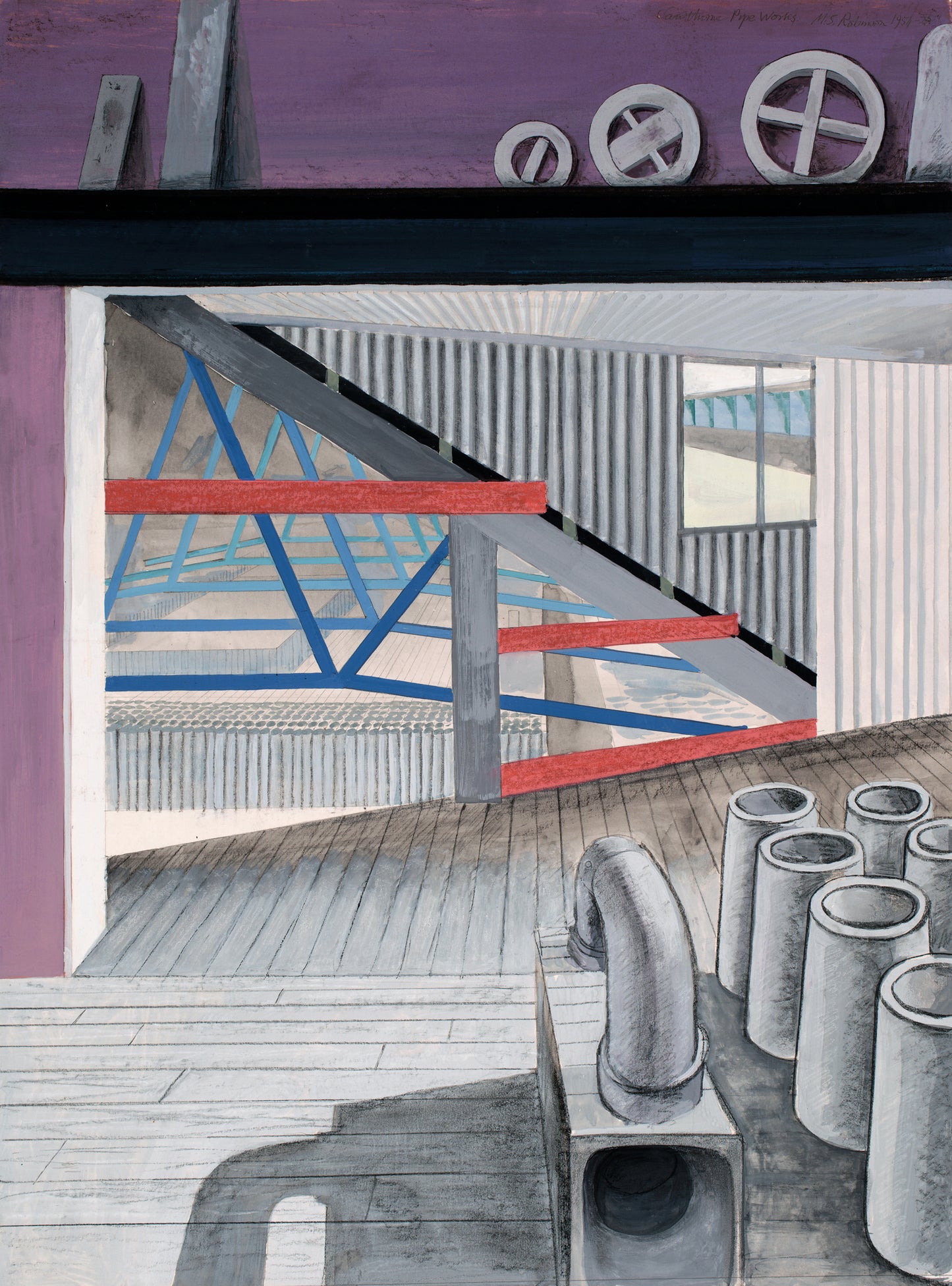 Melvyn Robinson, 'Cawthorne Pipeworks,' gouache and crayon on paper, part of the 'Pipeworks' set, featuring the iconic Cawthorne pipe factory and its workers, blending representational scenes with abstract geometry, showcasing the artist's progression.