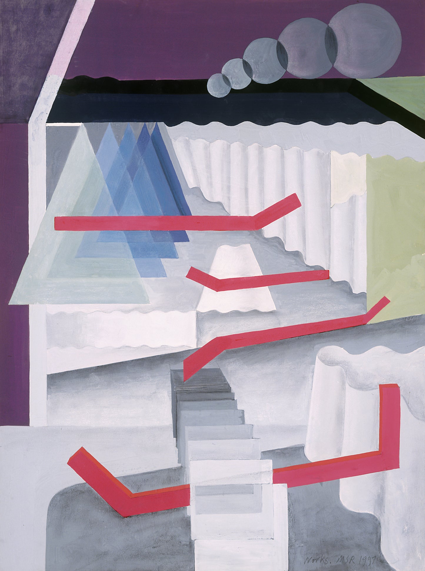 Melvyn Robinson, 'Works,' gouache on paper, part of the 'Pipeworks' set, featuring the iconic Cawthorne pipe factory and its workers, blending representational scenes with abstract geometry, showcasing the artist's progression.