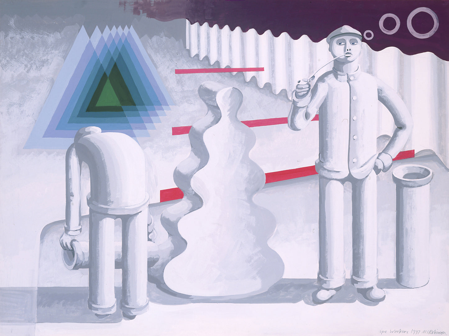 Melvyn Robinson, 'Pipe Workers,' gouache on paper, part of the 'Pipeworks' set, featuring the iconic Cawthorne pipe factory and its workers, blending representational scenes with abstract geometry, showcasing the artist's progression.