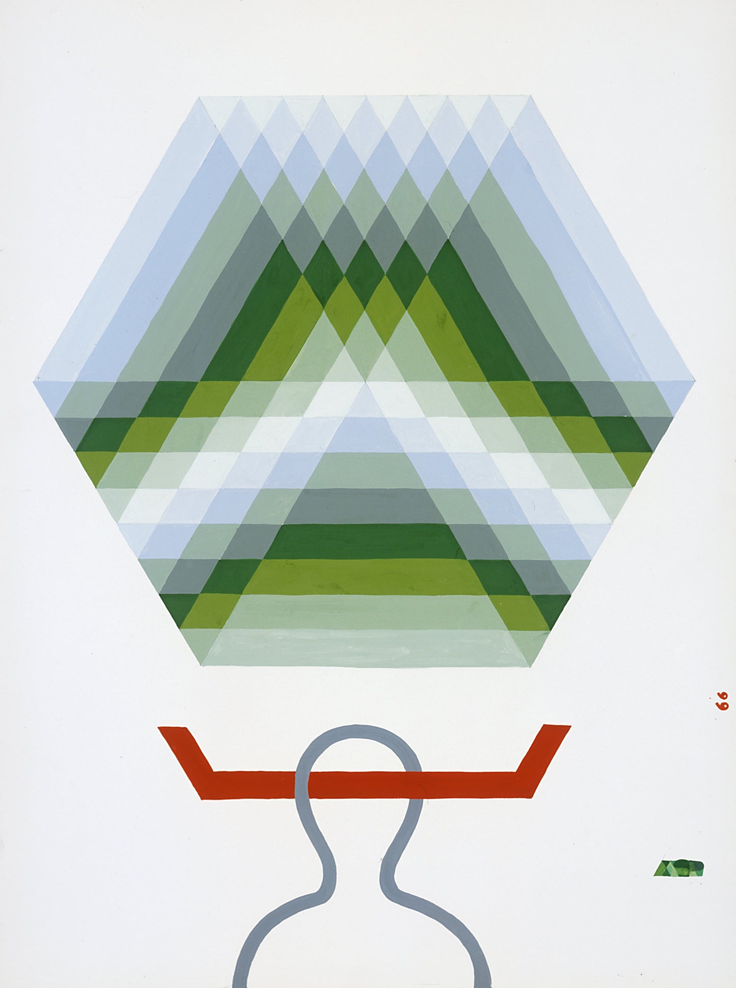Melvyn Robinson, 'Pipe Abstraction,' gouache on paper, part of the 'Pipeworks' set, featuring the iconic Cawthorne pipe factory and its workers, blending representational scenes with abstract geometry, showcasing the artist's progression.