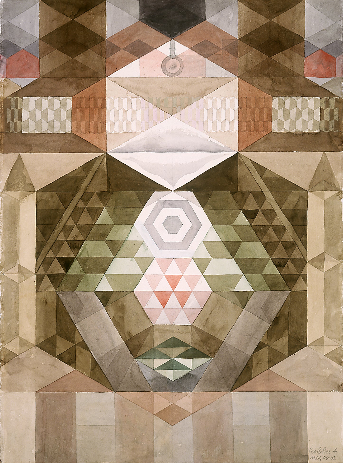 Melvyn Robinson, 'Peas & Pies IV,' watercolour on paper, part of the 'Peas & Pies' set, depicting Pea & Pie Hall in Barnsley during the 1930s. The set blends representational scenes with abstract geometry, highlighting the artist's progression.