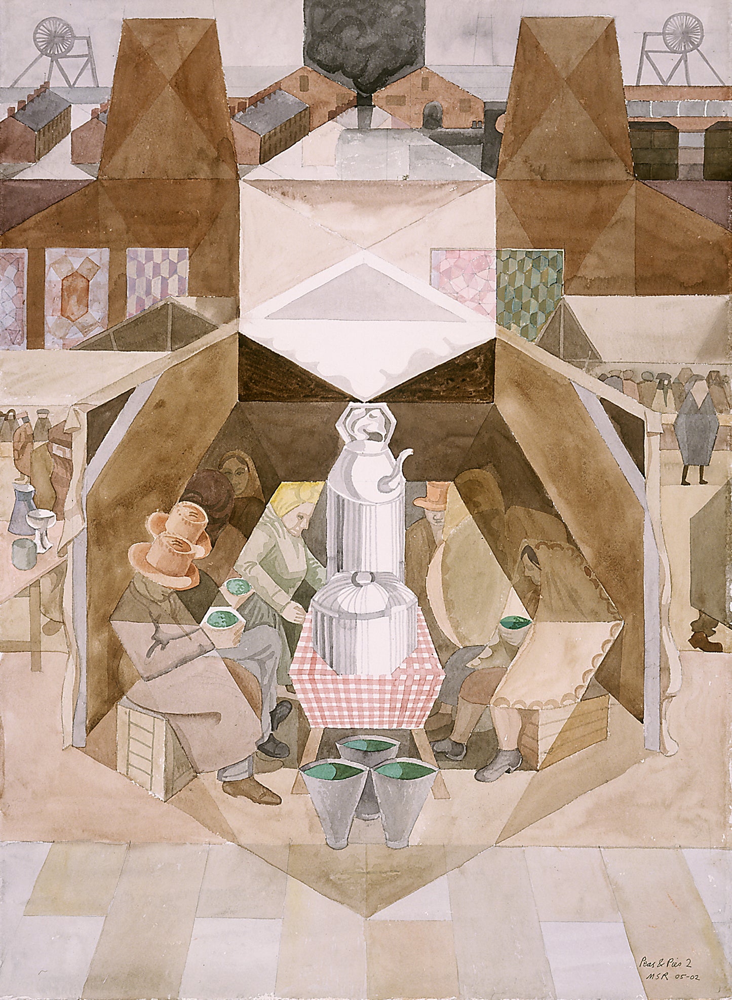 Melvyn Robinson, 'Peas & Pies II,' watercolour and ink on paper, part of the 'Peas & Pies' set, depicting Pea & Pie Hall in Barnsley during the 1930s. The set blends representational scenes with abstract geometry, highlighting the artist's progression.