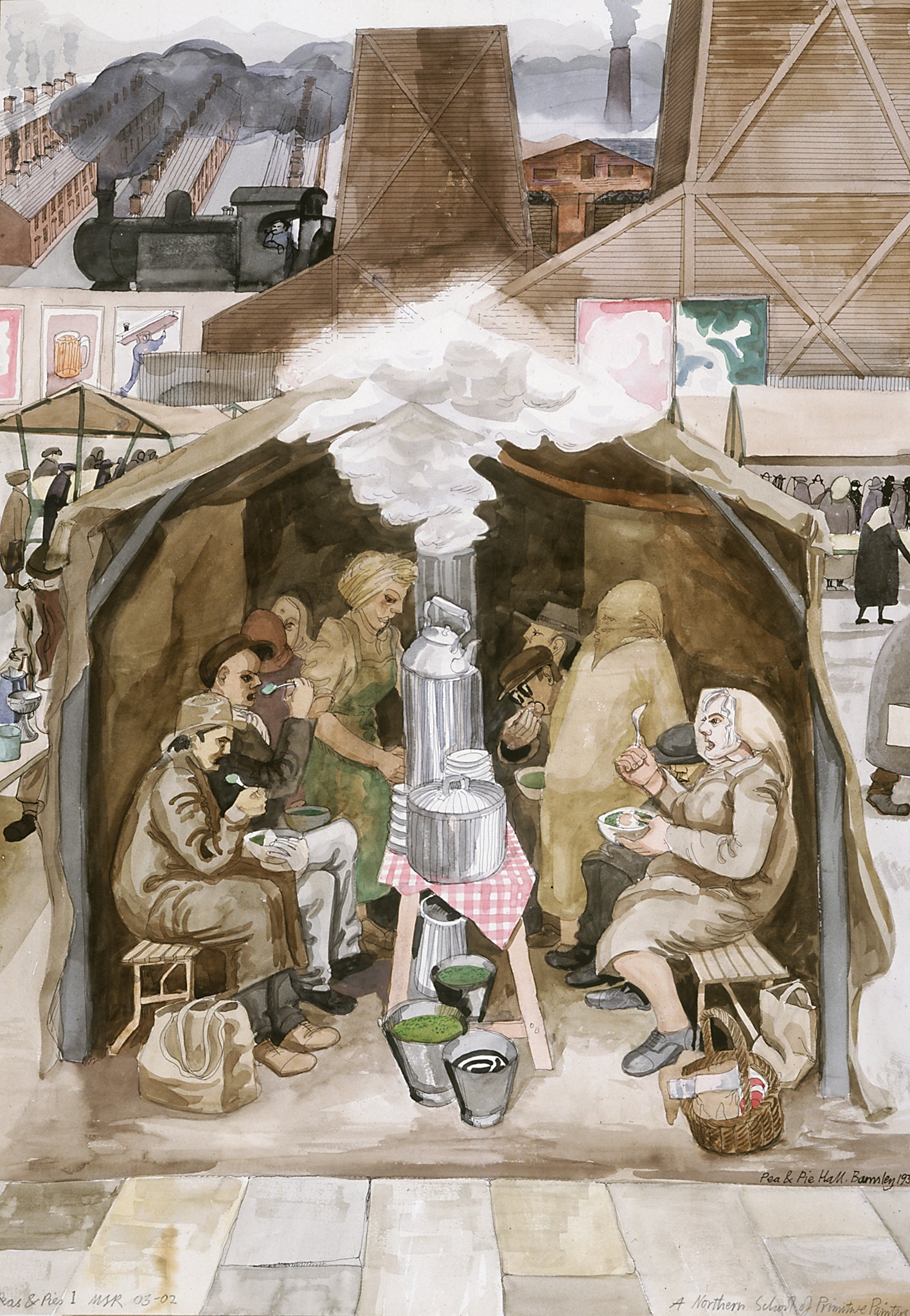 Melvyn Robinson, 'Pea & Pie Hall Barnsley,' watercolour and ink on paper, part of the 'Peas & Pies' set, depicting Pea & Pie Hall in Barnsley during the 1930s. The set blends representational scenes with abstract geometry, highlighting the artist's progression.