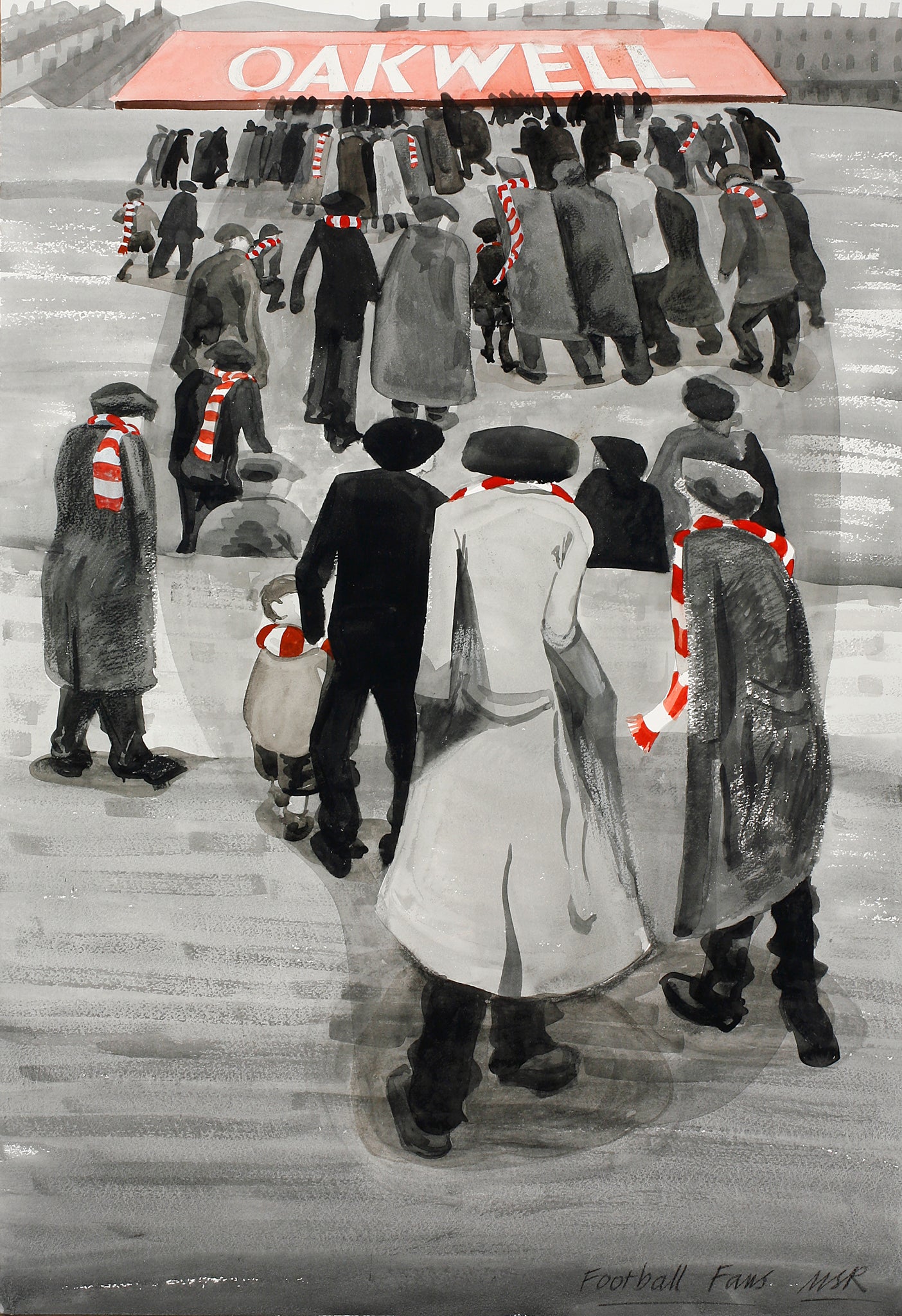 Melvyn Robinson, 'Football Fans,' watercolour on paper, capturing the energy and passion of Barnsley FC supporters on their way to Oakwell Stadium, celebrating the pride and spirit of football culture.