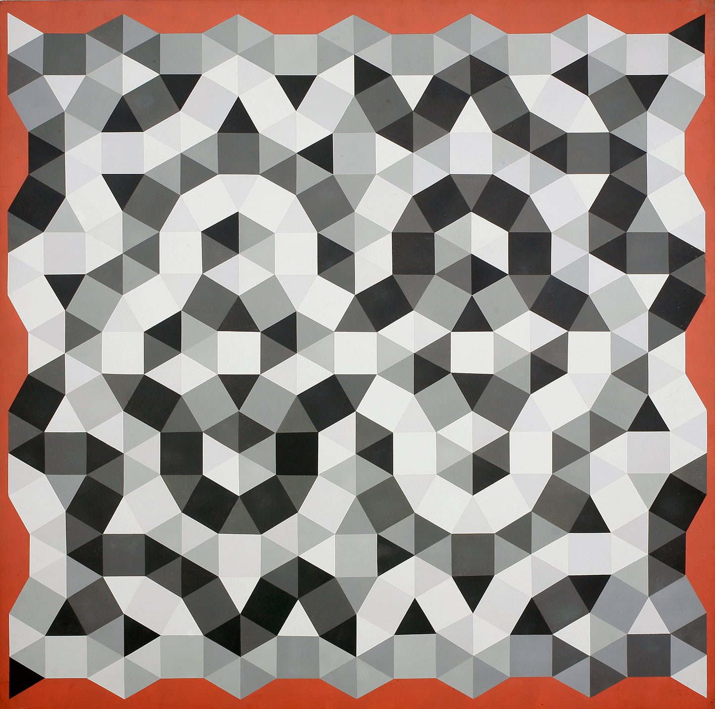 Melvyn Robinson, Tessellated Painting V, ink and acrylic on paper, featuring hand-drawn geometric tessellations in black, white, and red, evoking digital aesthetics and exploring the complexity of algorithmic structure through analogue precision.