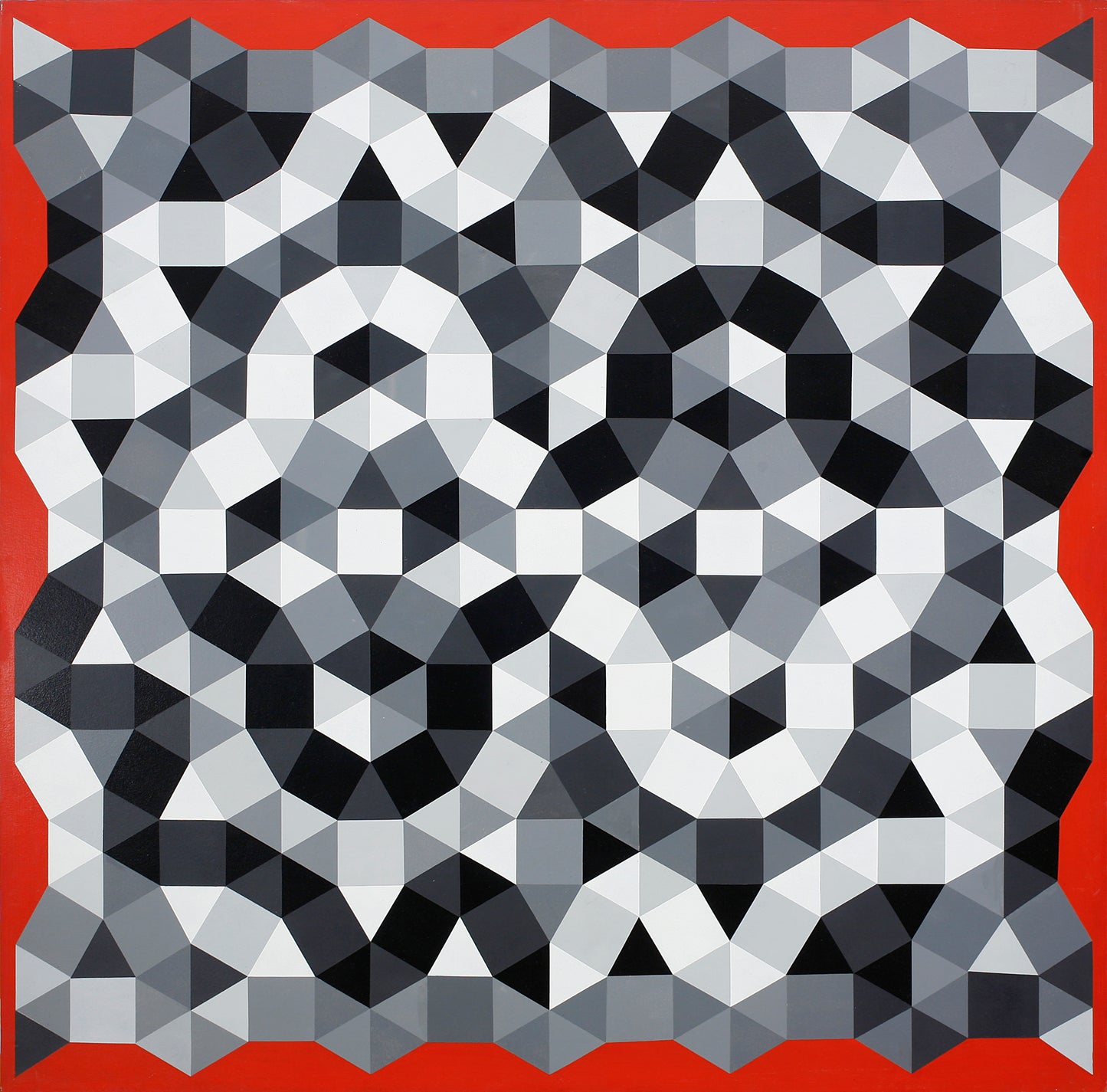 Melvyn Robinson, 'Tessellated Painting VII', ink and acrylic on paper, featuring hand-drawn geometric tessellations in black, white, and red, evoking digital aesthetics and exploring the complexity of algorithmic structure through analogue precision.