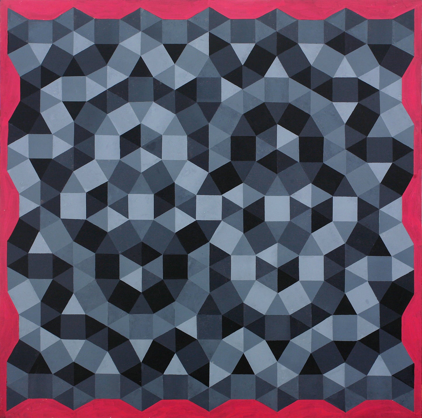 Melvyn Robinson, 'Tessellated Painting VI', ink and acrylic on paper, featuring hand-drawn geometric tessellations in black, grey, and red, evoking digital aesthetics and exploring the complexity of algorithmic structure through analogue precision.