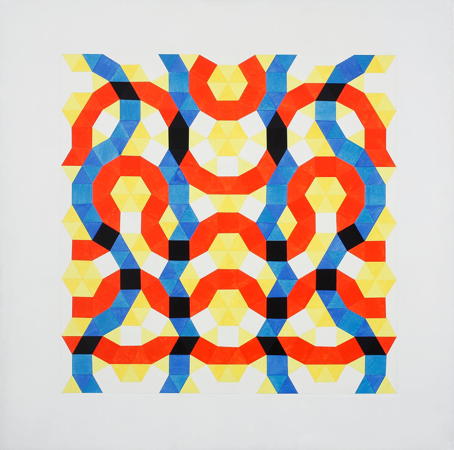 Melvyn Robinson, 'Tessellated Painting III,' acrylic on board, featuring intricate geometric tessellations in bold primary colours, creating a dynamic interplay of patterns and meaning."