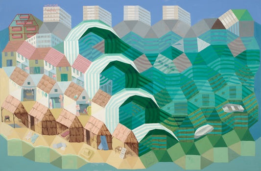 “Homage to Hokusai” by Melvyn Robinson – geometric abstraction of waves and seaside, inspired by Hokusai’s Great Wave.