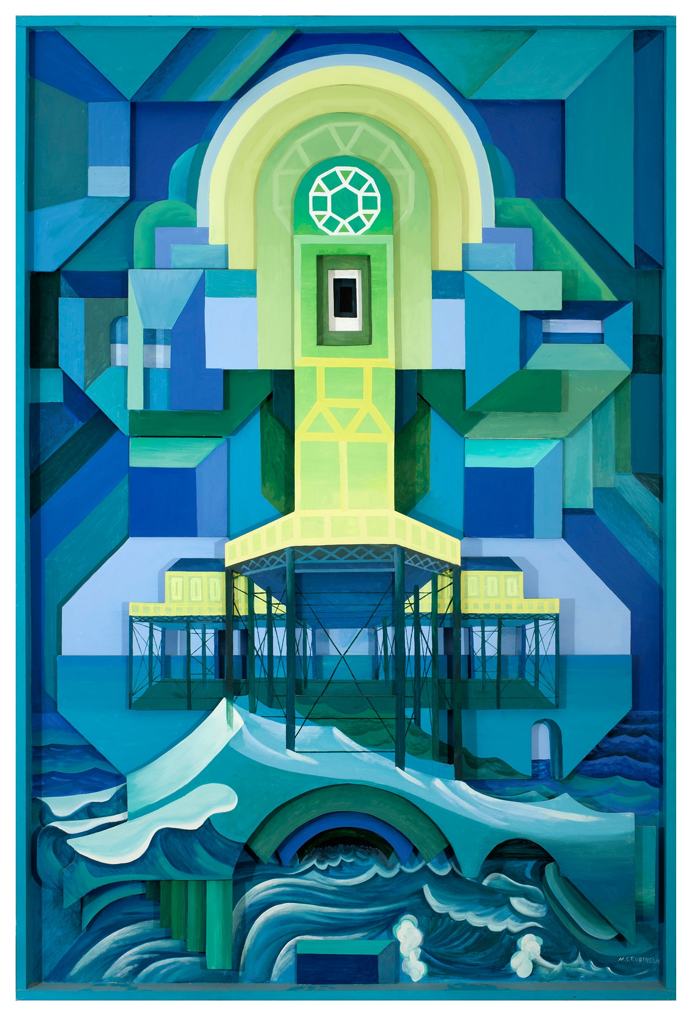 Melvyn Robinson, 'Peering under the Pier I,' oil on board (wooden relief), offering a striking three-dimensional perspective of Brighton Pier with intricate layers of crafted wood, transforming the iconic landmark into a dynamic work of art.