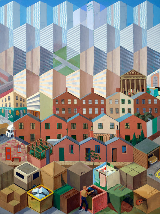 “Academy of High Culture II” by Melvyn Robinson – oil on canvas depicting London with geometric abstraction and transcendental themes.
