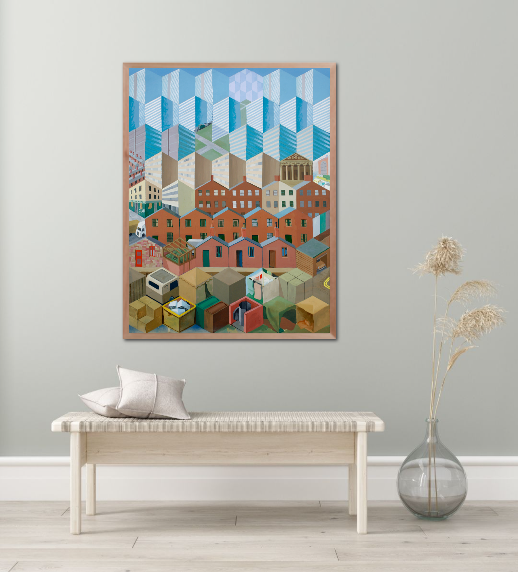 “Academy of High Culture II” by Melvyn Robinson – oil painting with geometric abstraction of London, blending art and culture.