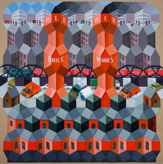 “Brickworks” by Melvyn Robinson – oil on canvas depicting an industrial city through geometric abstraction blending art and tech.