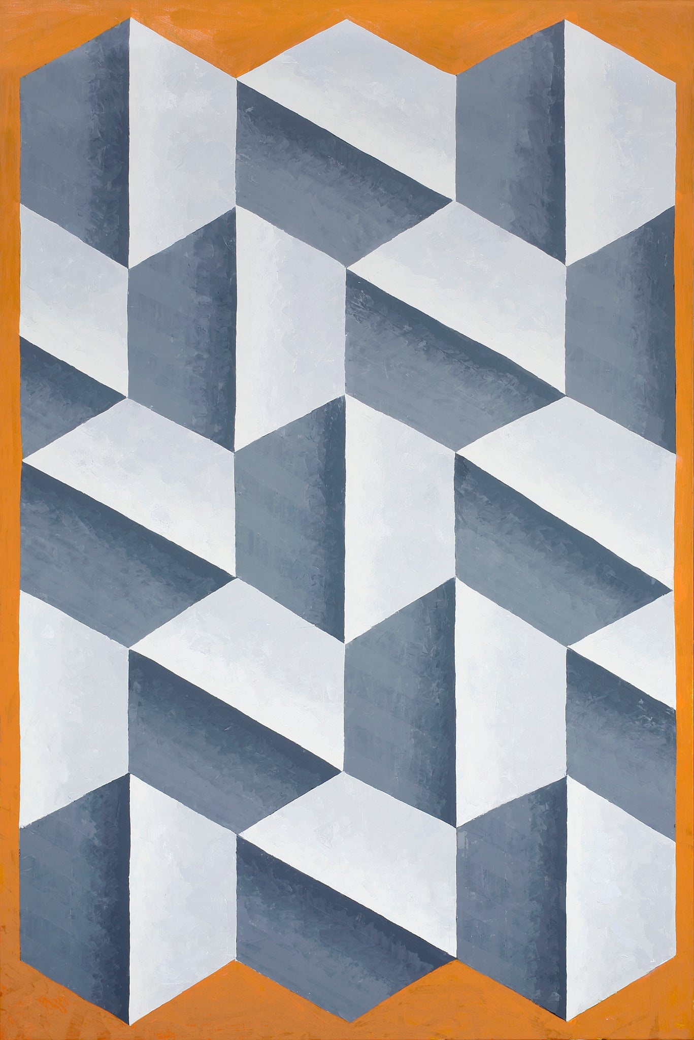 Melvyn Robinson, 'Phenomena Cubed,' oil on canvas, blending two-dimensional hexagons to create a striking three-dimensional effect, offering a visually mesmerizing experience.