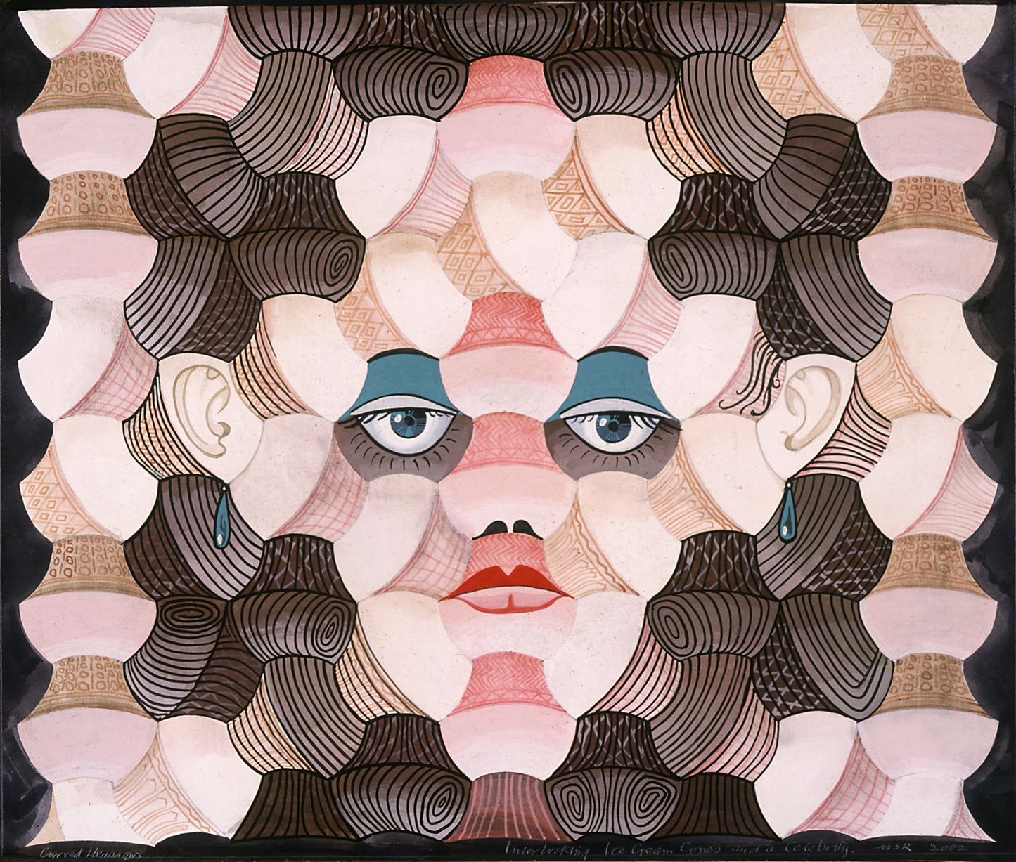 Melvyn Robinson, 'Ice Cream Lady,' watercolour and ink on paper, featuring interlocking ice cream cones that creatively form a face, with precise brushstrokes and a unique design.