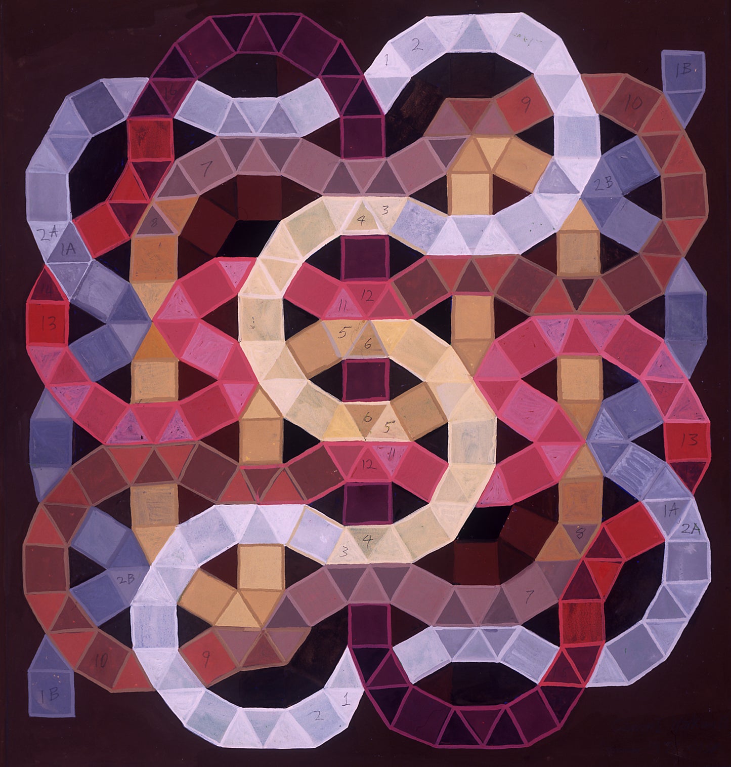Melvyn Robinson, 'Canon,' gouache on paper, featuring intricate geometric shapes that mirror the structure of a musical canon, weaving a visual symphony of repetition and variation with dynamic rhythm and creativity.