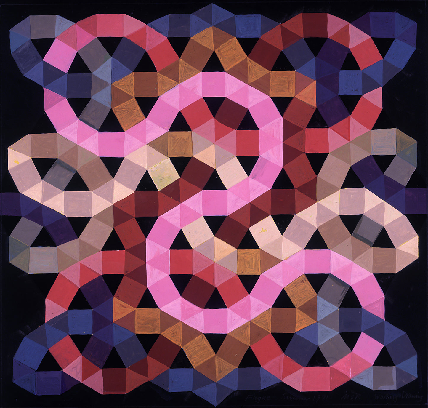 Melvyn Robinson, 'Fugue,' gouache on paper, featuring geometric tessellations that mirror a musical fugue's structure, with repeating patterns and layered forms evoking the interplay of multiple voices and theme imitation.