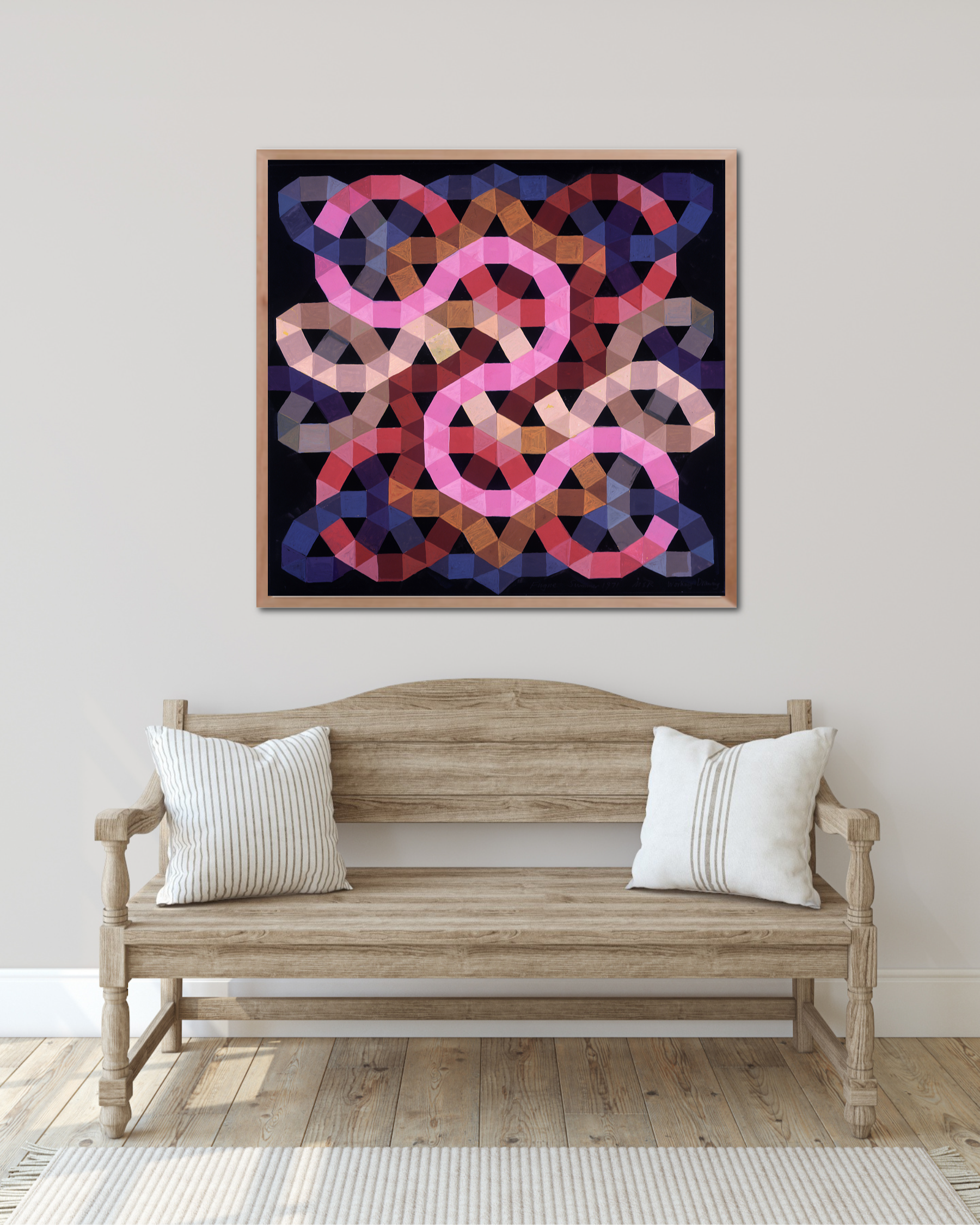 “Fugue” by Melvyn Robinson – gouache painting with intricate geometric tessellations reflecting the structure and rhythm of a musical fugue.