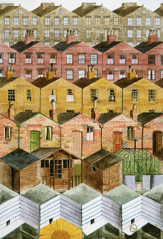 "Hives, Huts, Hovels, Humble, and High-Class Habitations II" by Melvyn Robinson – watercolour of diverse London housing in geometric, tessellated forms.