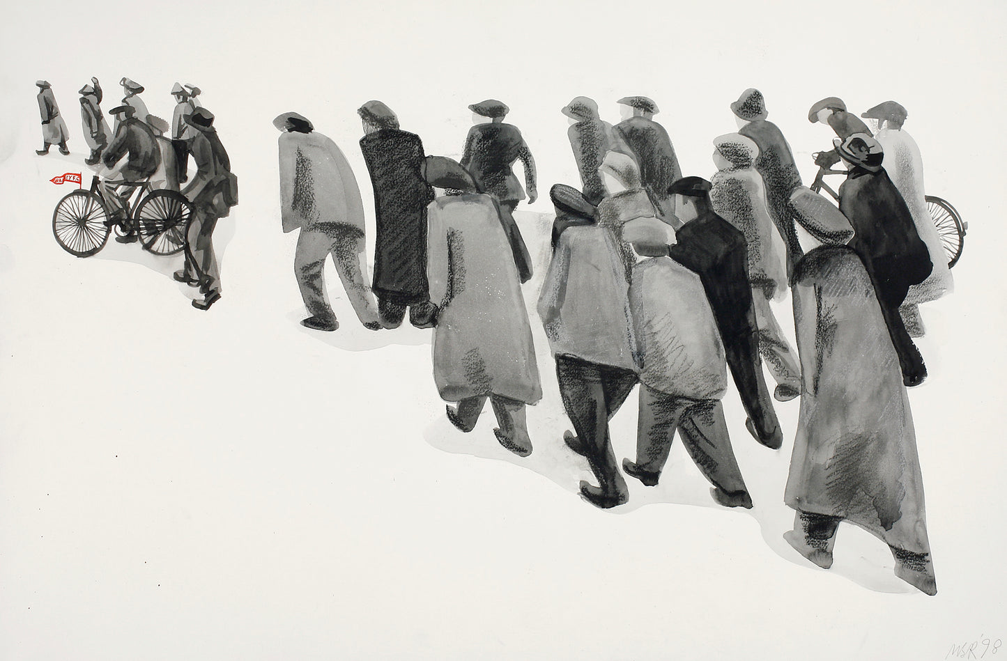 Melvyn Robinson, 'Miners,' watercolour on paper, honouring the steadfast spirit of miners on their way to work, capturing their daily commitment and bringing a sense of history and inspiration.