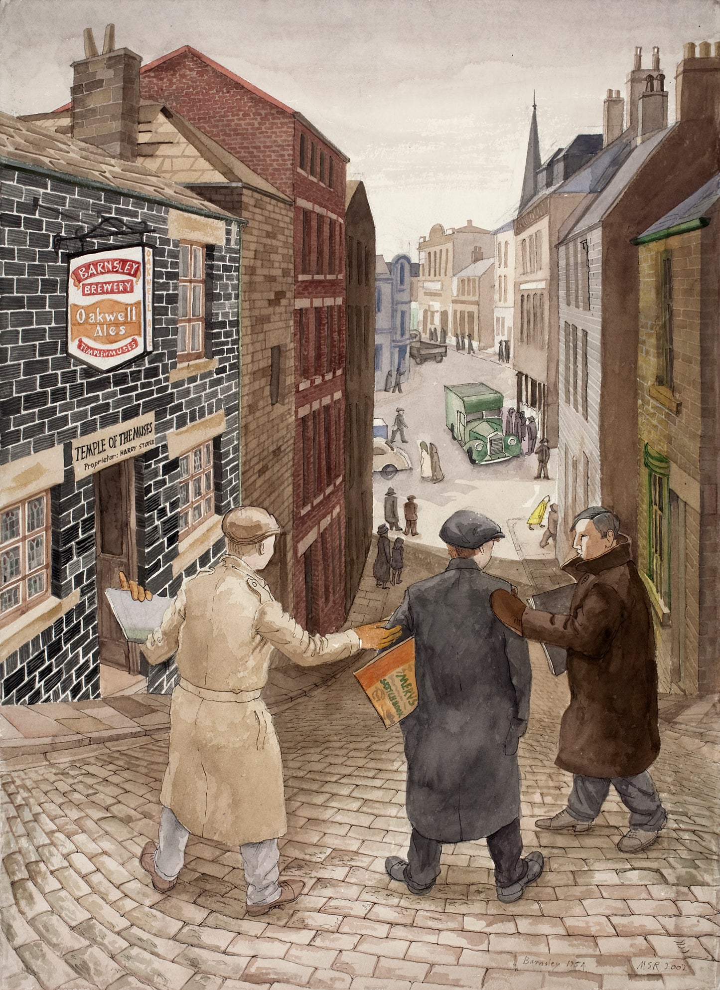 Melvyn Robinson, 'Temple of the Muses,' watercolour on paper, depicting the iconic pub in 1954 Barnsley, with the artist's self-portrait as a young art student, adding a personal touch to this historical and cultural scene.