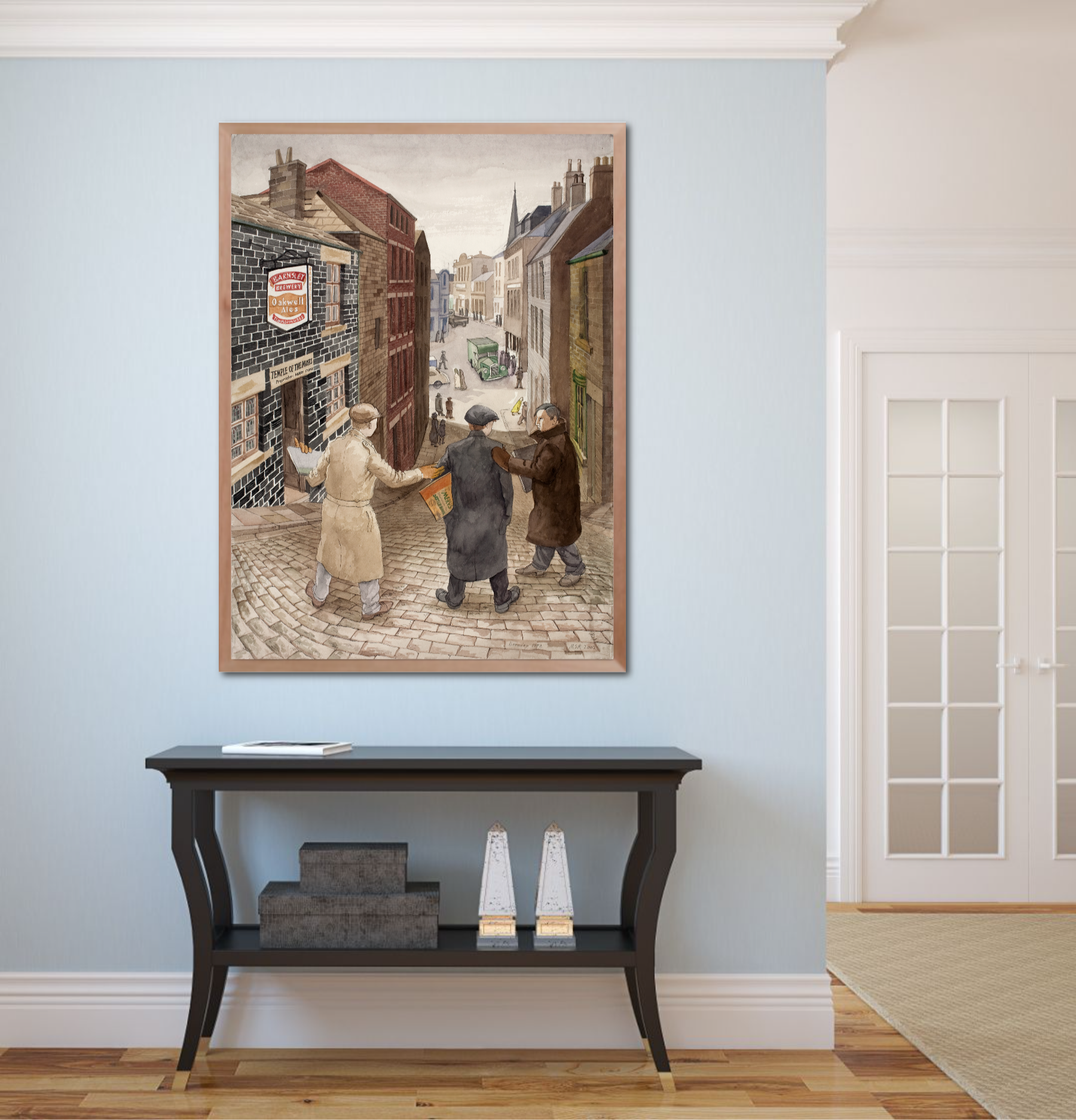 “Temple of the Muses” by Melvyn Robinson – watercolour depicting the iconic 1954 Barnsley pub, featuring the artist as a young student.