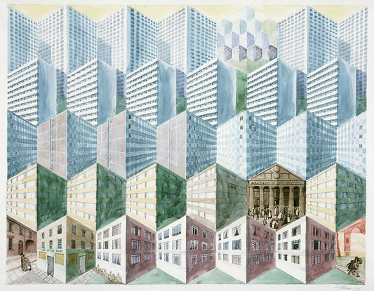 “Academy of High Culture I” by Melvyn Robinson – watercolour on paper showing London in geometric abstraction and transcendental style.