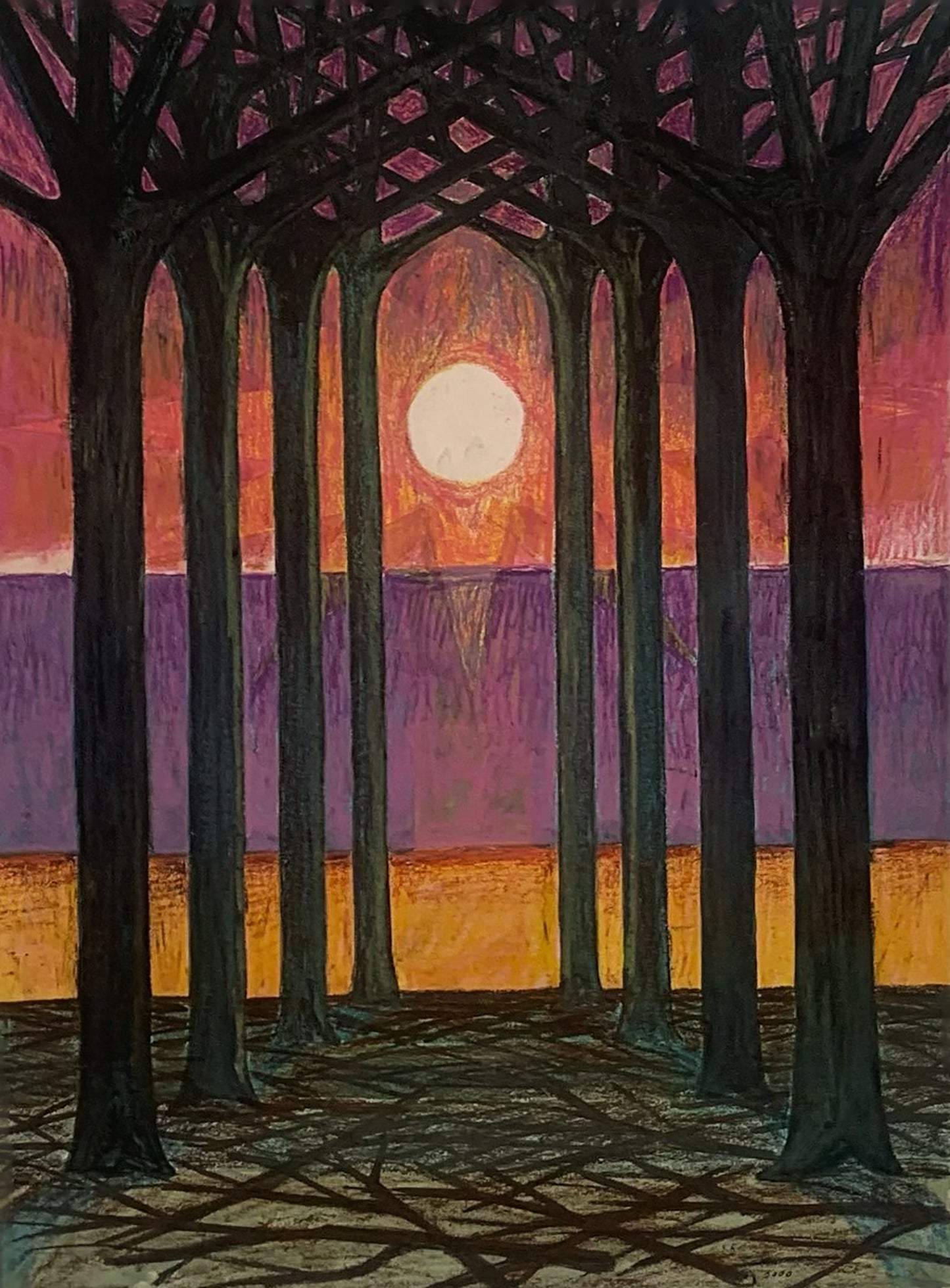 Melvyn Robinson, 'The Avenue,' mixed media on paper, part of the 'Avenue' set, depicting an avenue of trees leading to a luminous moon, symbolizing the balance between nature and knowledge with an inspiring interplay of light and shadow.