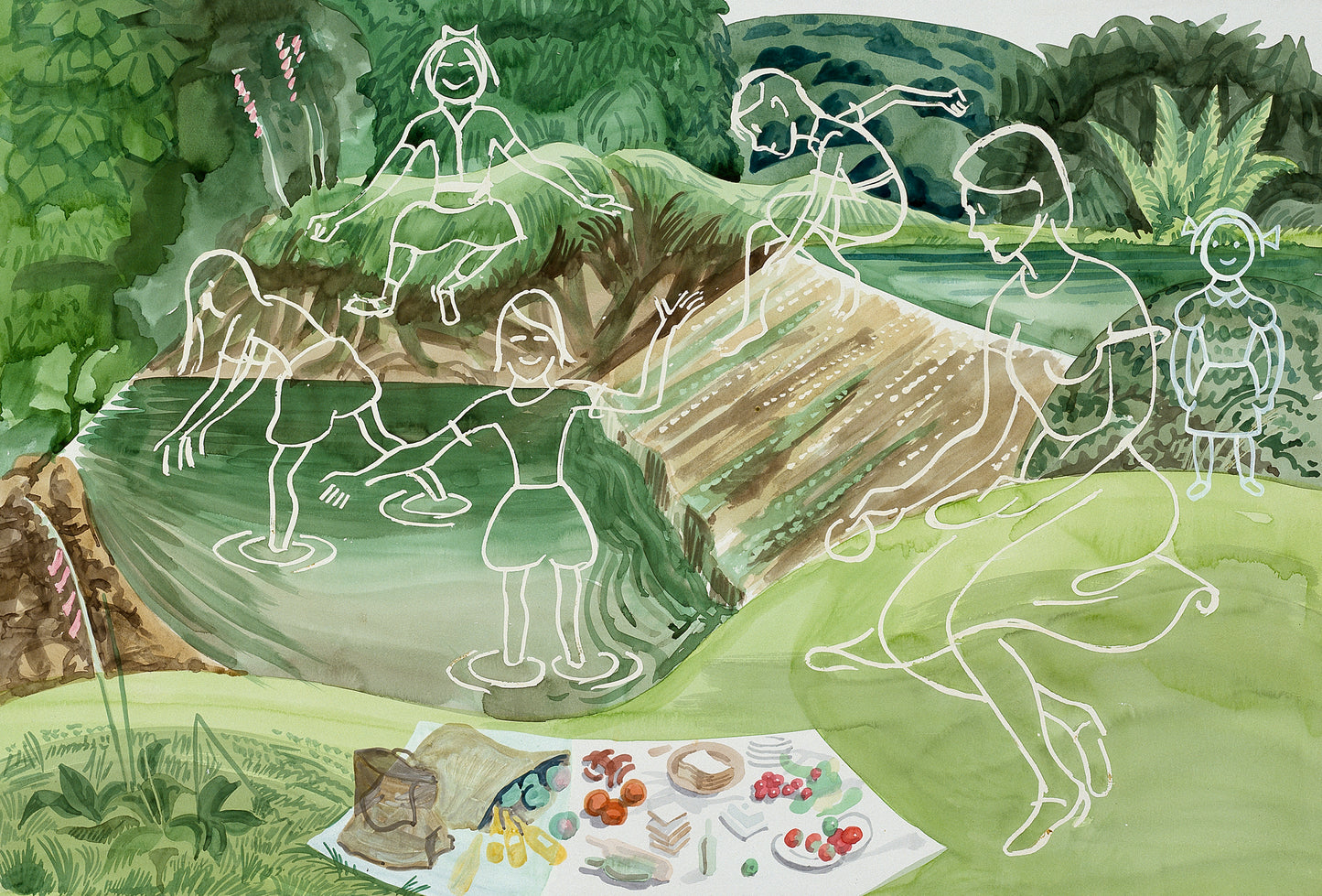 Melvyn Robinson, 'Birthday Picnic,' watercolour on paper, part of the 'Hill Drawings' set. This series blends inspiration from landmarks like Cerne Abbas and Uffington White Horse, along with Celtic, Viking, and Anglo-Saxon influences, making it a perfect addition for any art lover.