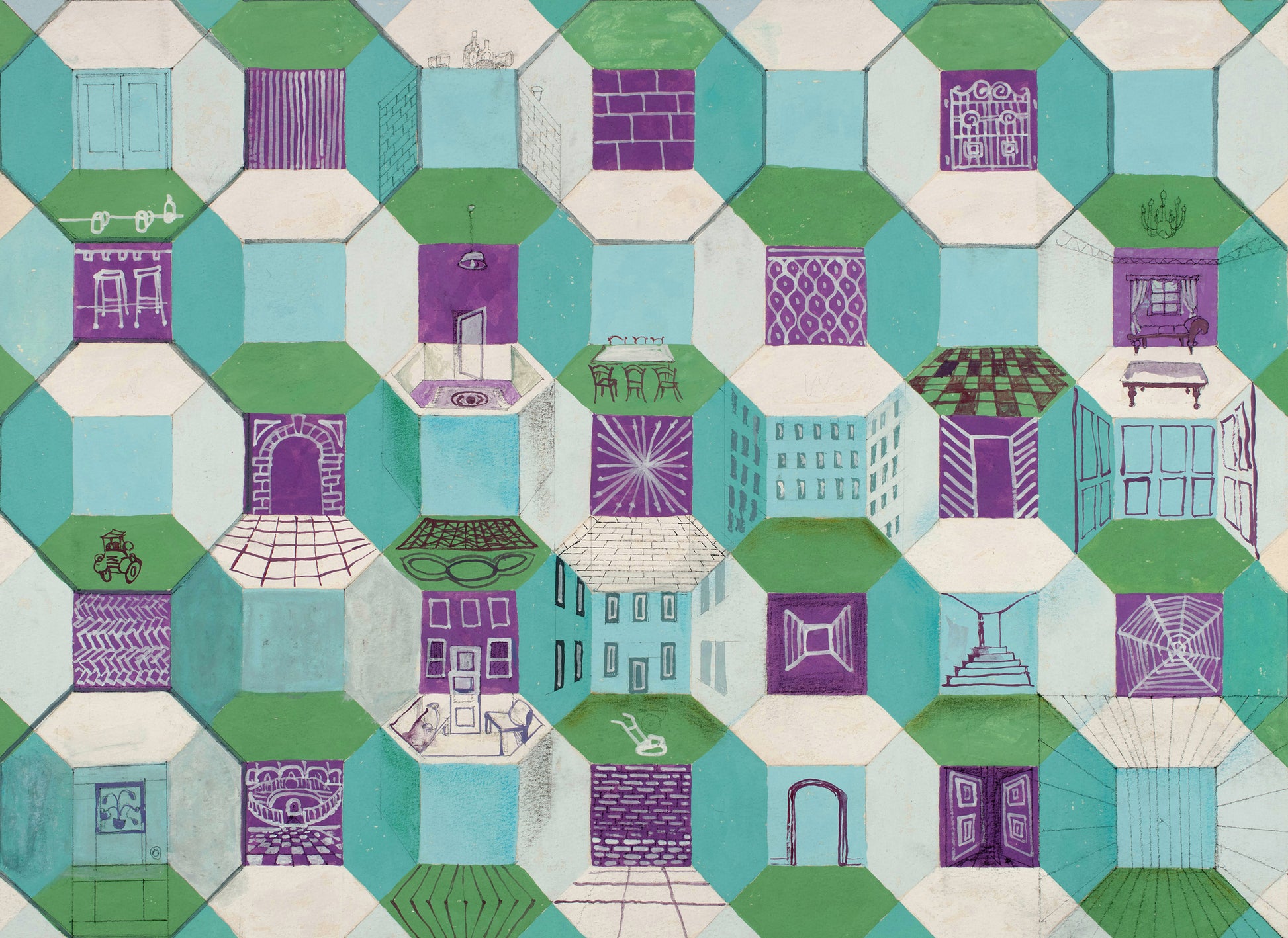 "Homes & Interiors" by Melvyn Robinson – watercolour geometric tessellation of urban housing reflecting social diversity.