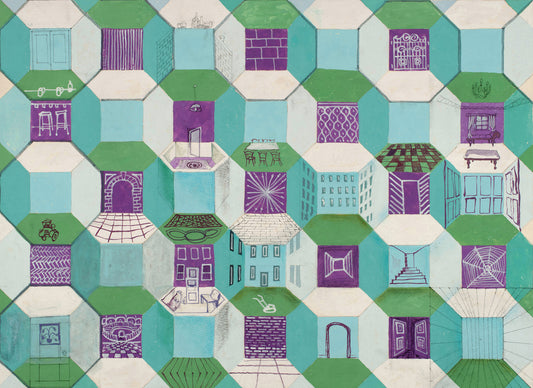 "Homes & Interiors" by Melvyn Robinson – watercolour geometric tessellation of urban housing reflecting social diversity.