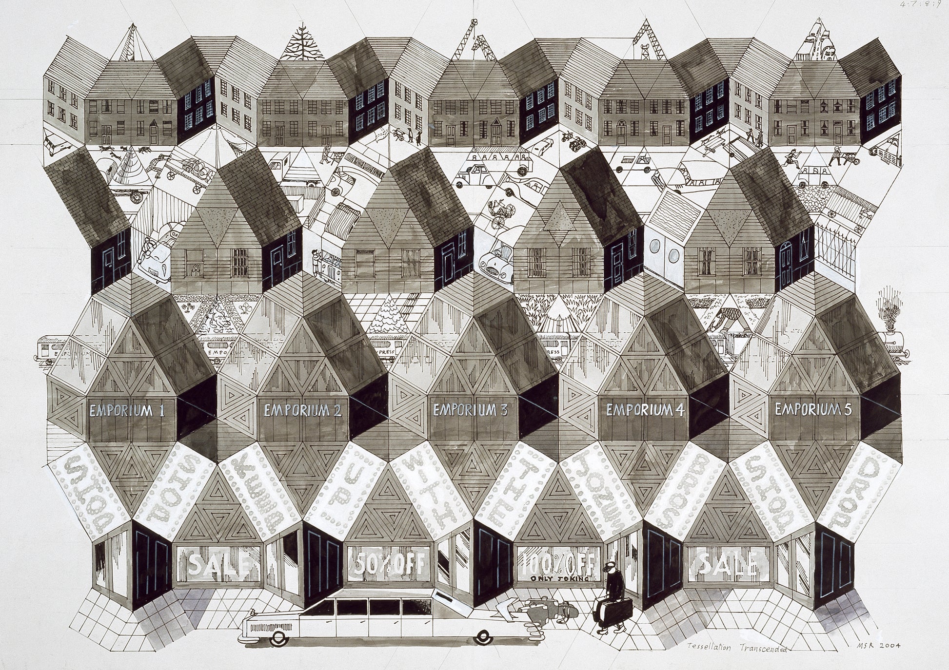 "Tessellation Transcended" by Melvyn Robinson – oil painting of interlocking city shapes with a playful consumer culture nod.