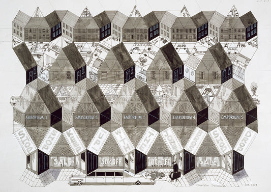 "Tessellation Transcended" by Melvyn Robinson – oil painting of interlocking city shapes with a playful consumer culture nod.