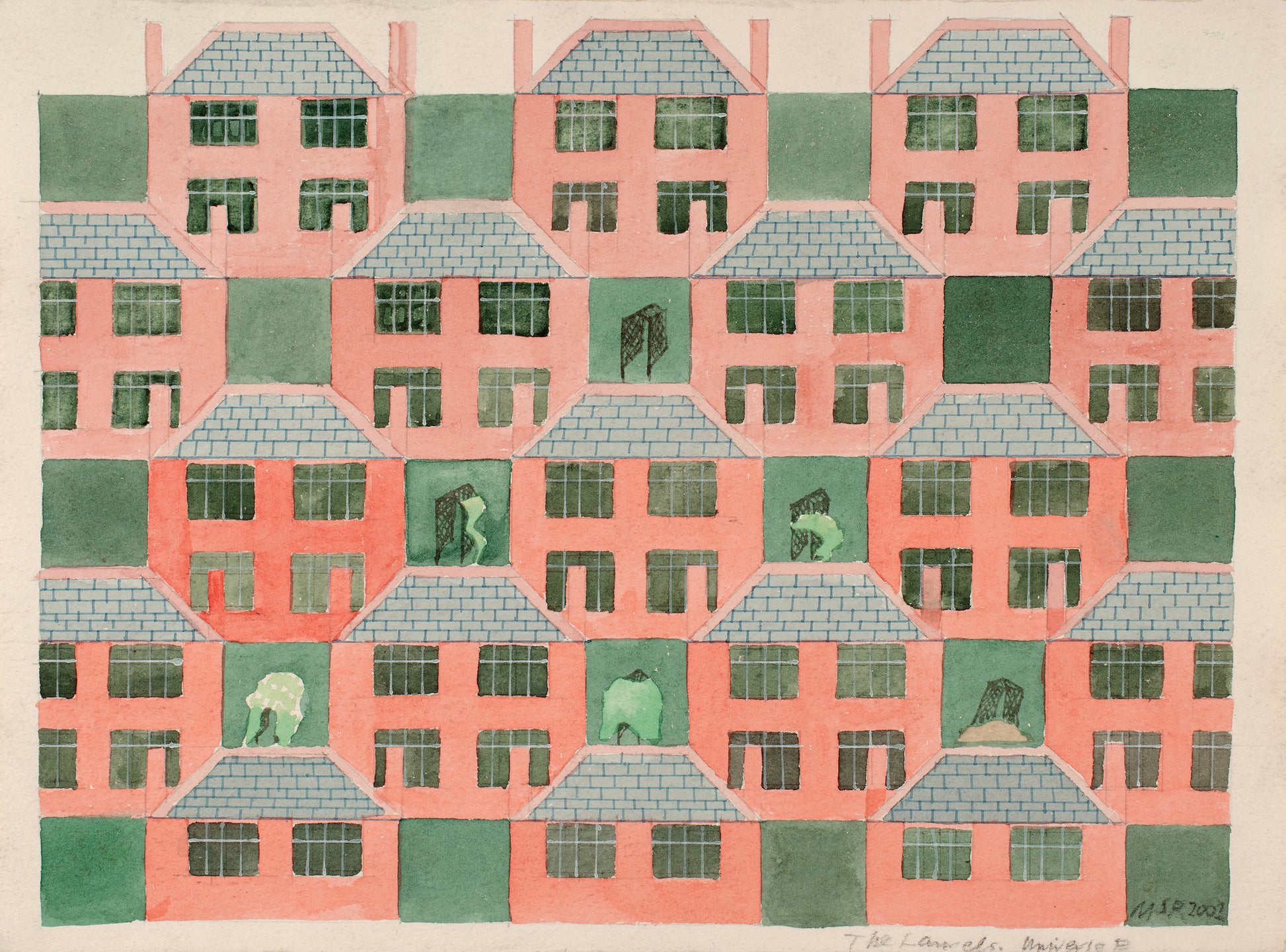 "The Laurels" by Melvyn Robinson – watercolour tessellation of the artist's family home, Yorkshire, evoking nostalgic memory.