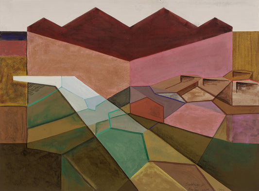 Melvyn Robinson, 'Buildings & Barges', gouache and crayon on card, presents a vibrant, modern reinterpretation of the original Barnsley Canal (1954), reimagined with clean lines and geometric simplicity. This contemporary piece adds a bold, colourful twist to a classic scene.
